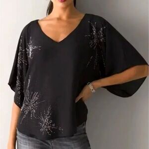WHBM Rhinestone Starburst Kimono Blouse Small NWT Black White House Black Market